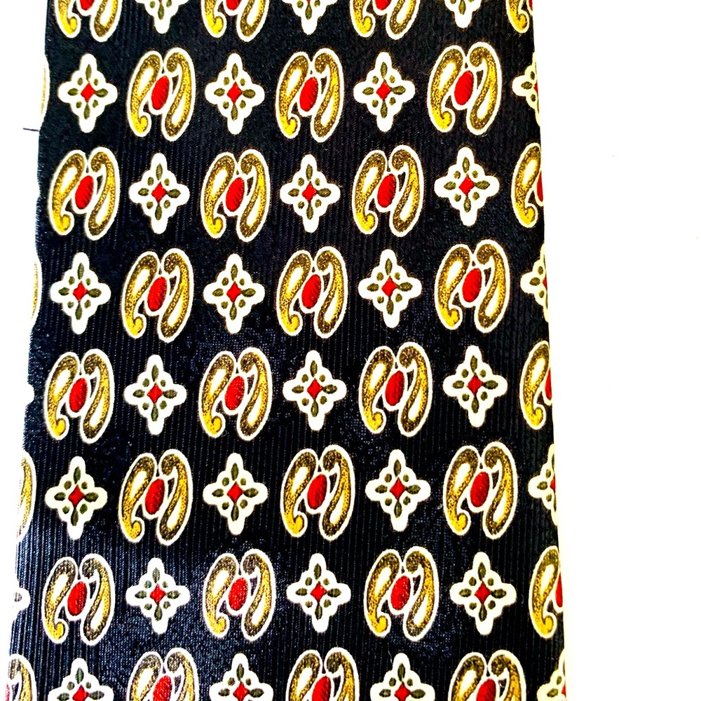 Christian Dior black 100% silk neck Tie with red & beige color pattern